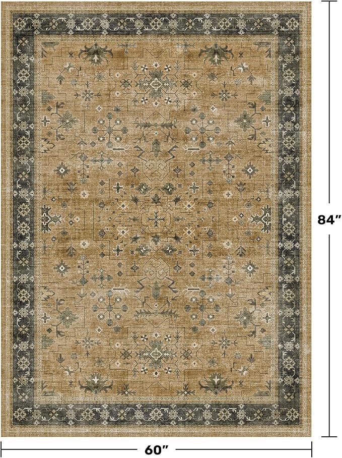 Rustic Brown and Charcoal Olive Area Rug 5x7 for Living Room - Machine Washable Rugs for Dining Room, Kitchen Floor, Small Office, Low Pile Non-Slip Rubber Backing & Stain Resistant