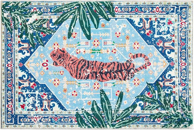 Washable Blue Rugs Thin Oriental Boho Vintage Tropical Jungle 6x9 Area Rugs for Bedroom Kitchen Dining Living Room Office Distressed Indoor Plant Entry Carpet