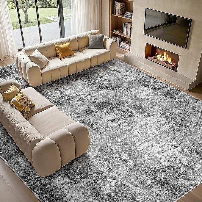 Tortania Washable 10x12 Area Rug for Living Room: Modern Abstract Neutral Large Soft Thin Rugs - Non Slip Indoor Carpet for Bedroom Dining Room Office Nursery Home Floor Decoration - Grey