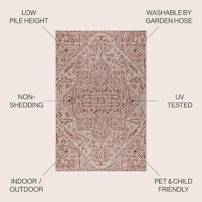JONATHAN Y Boho Medallion Indoor Outdoor Round Area Rug 8 Ft Red/Taupe, Estrella Textured Weave for Backyard, Patio, Porch, Easy-Cleaning, High Traffic, Pet-Friendly, Non-Shedding (SMB105A-8R)