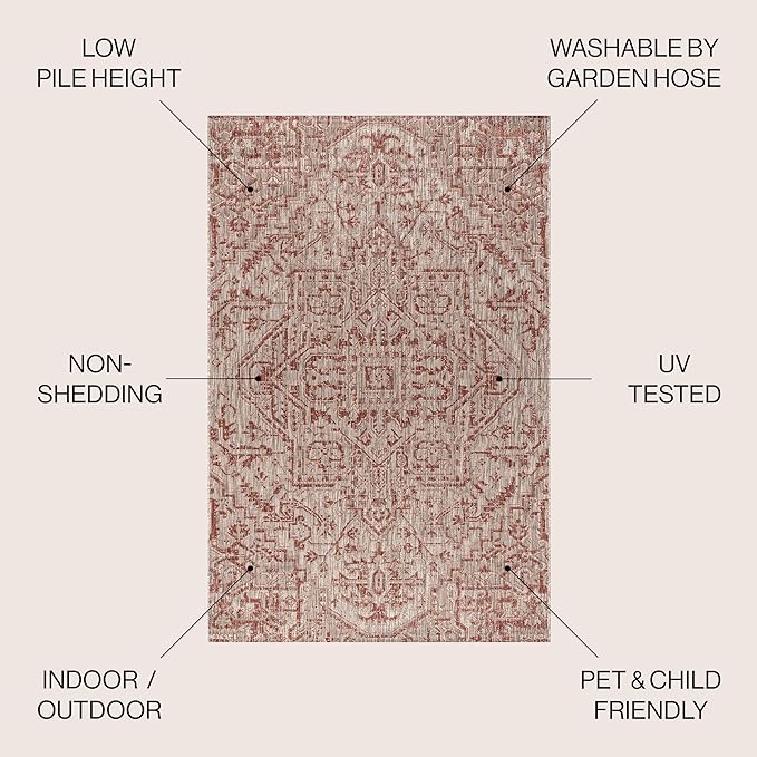 JONATHAN Y Boho Medallion Indoor Outdoor Square Area Rug 8X8 Red/Taupe, Estrella Textured Weave for Backyard, Patio, Porch, Easy-Cleaning, High Traffic, Pet-Friendly, Non-Shedding (SMB105A-8SQ)