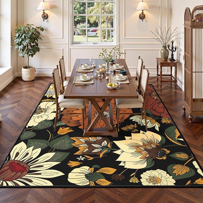 Tyrot Black Boho Floral Living Room Rug, Ultra Thin Flat Woven 5x7 Rug Washable Botanical Area Rugs Non Slip Low Pile Mid Century Modern Carpet for Bedroom, Dining Room, Office