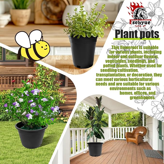 5 Gallon Nursery Pots Plastic Container Injection Molded Pot for Plants Flexible with Drainage Holes Suitable for Plants Soil Growers or Hydroponics Black 10 Pcs