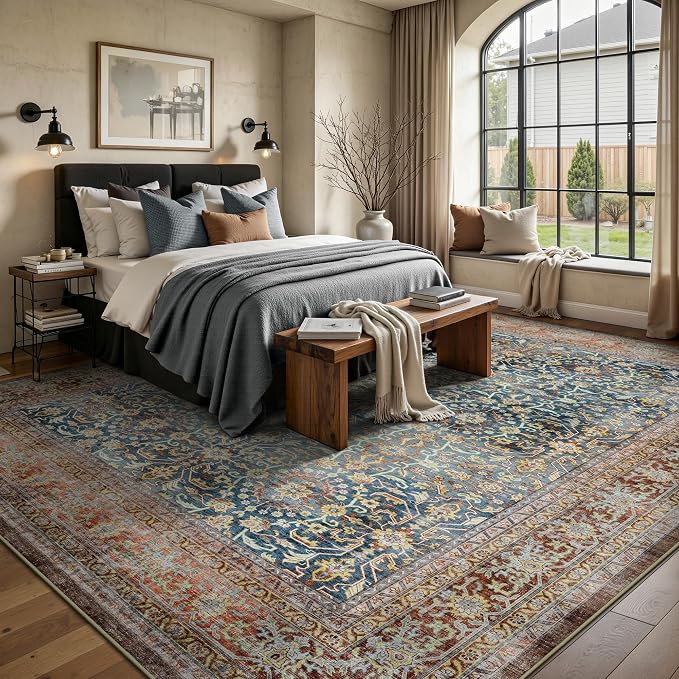 8x10 Area Rugs for Living Room - Washable Vintage Retro Large Rug, Soft Ultra Thin Non Slip Low Pile Distressed Boho Traditional Carpet for Bedroom Dining Room Home Office, Rust Clay