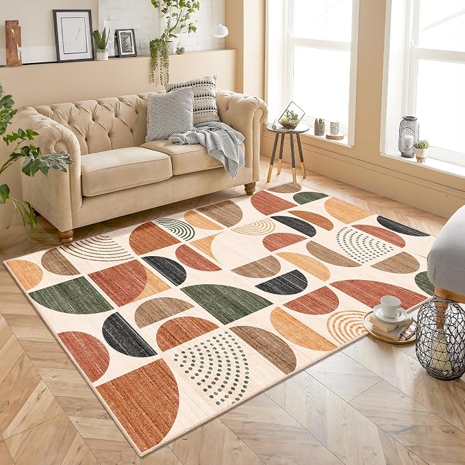 Boho Rug Washable,4x6.5 Area Rugs for Bedroom Living Room Bedside Office,Throw Floor Carpet Non Slip Soft Indoor Modern Abstract Bohemian Terracotta