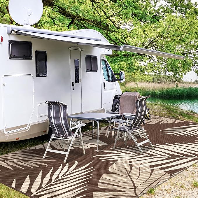 GENIMO Outdoor Rug 9' x 18' Waterproof for Patios Clearance, Reversible Outdoor Plastic Straw Camping Rug Carpet, Large Area Rugs Mats for RV, Camper, Deck, Balcony, Porch, Beach, Coffee&Beige