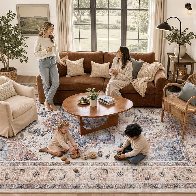 DTICON Vintage Washable 12x15 Area Rug Living Room Rugs, Camel | Boho Distressed, Pet & Kid Friendly, Non-Slip Backing, Soft Polyester, Low-pile Carpet for Living Room, Bedroom, Dining Room