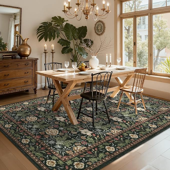 GarveeHome Area Rugs 8x10 for Living Room, Forest Green Floral Large Washable Rug Soft Non Slip Carpet Indoor Thin Accent Rug for Bedroom Dining Room Playroom Nursery Home Decor