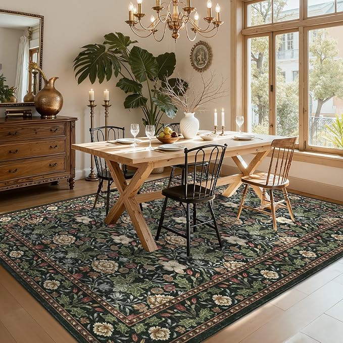 GarveeHome Washable Area Rug 6x9, Soft Vintage Floral Bedroom Rug Non Slip Low Pile Forest Green Carpet Stain Resistant Throw Rug for Bedside Kids Room Office Dining Room