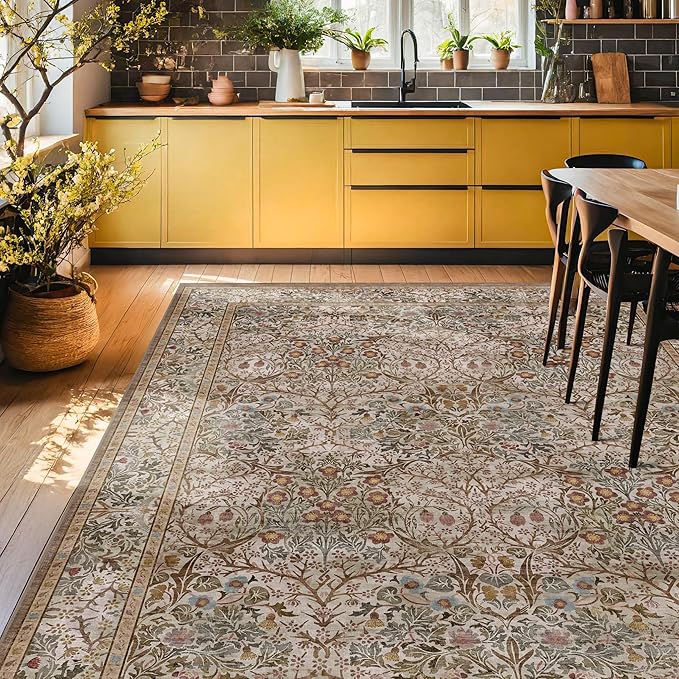 Vintage Moss Green Living Room Rug, 7x10 Washable Large Area Rugs for Bedroom, Dining Room Rugs Under Kitchen Table, Oriental Taupe Low Pile Stain Resistant Non-Slip