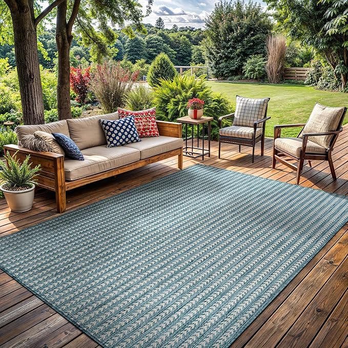 Washable Outdoor Rug 5x7 Modern Area Rugs Outdoor Carpets Striped Pattern Non Shedding Waterproof Easy Clean Patio Deck Porch Living Room Bedroom Garden RV (5 X 7 Aqua)