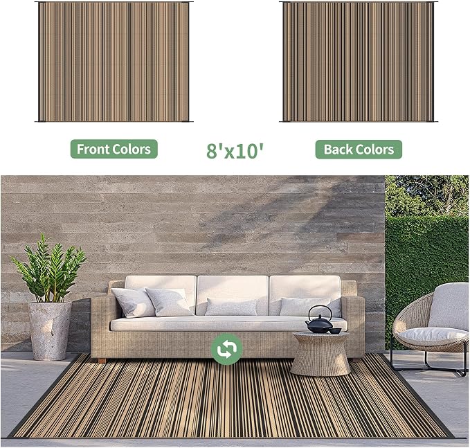 GENIMO Outdoor Rug for Patio Clearance, 8'x10' Reversible Plastic Straw Rugs, Lightweight Waterproof RV Camping Mat for Camper, Balcony, Deck, Backyard, Picnic, BlackBrown