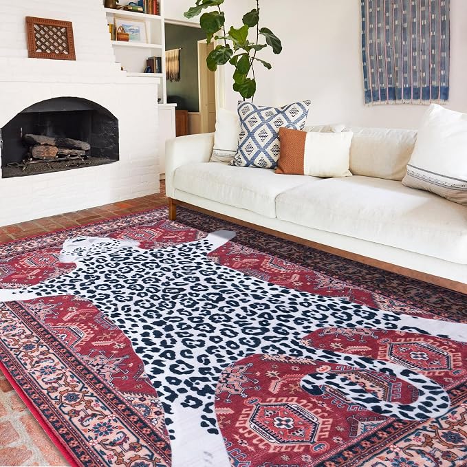 Oriental Leopard Rug 5x7 ft Washable Traditional Red Area Rugs for Bedroom Living Room, Dining Room Under Kitchen Table, Soft Non Slip Thin Rug Carpet (Red Leopard, 5X7 FT)