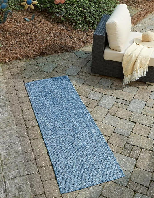 Unique Loom Collection Casual Transitional Solid Heathered Indoor/Outdoor Flatweave Area Rug (2' 7" x 12' Runner, Blue/Navy Blue)