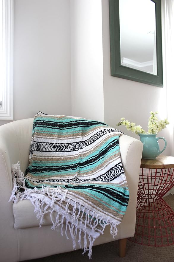 Del Mex Classic Mexican Blanket, Large Authentic Woven Falsa Throw (70"x50"), Artisan Southwest Décor for Beach, Yoga, Outdoors (Mint/Tan)