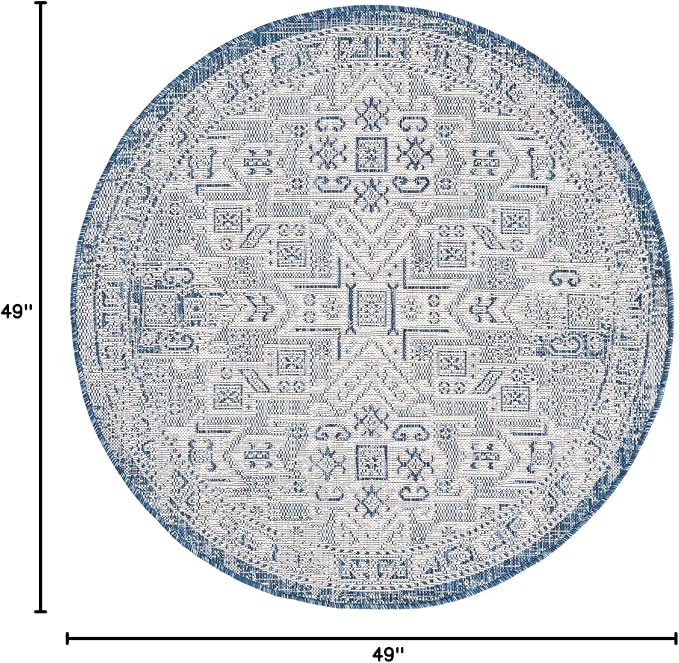 Unique Loom Outdoor Aztec Collection Area Rug - Coba (4' 1" Round, Blue/ Ivory)