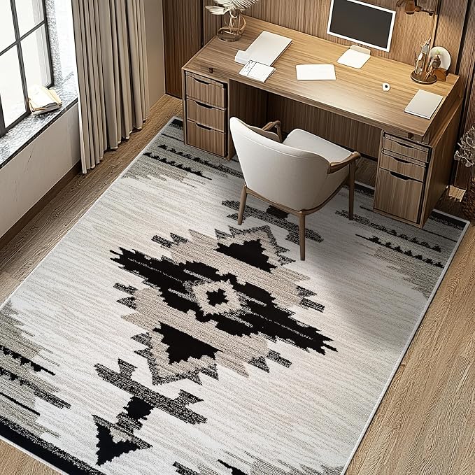 Western Area Rug Southwestern Aztec Washable 6x9 Rugs for Living Room Bedroom Tribal Black Gray Beige Non-Slip Soft Floor Large Carpet for Office Entryway Bathroom
