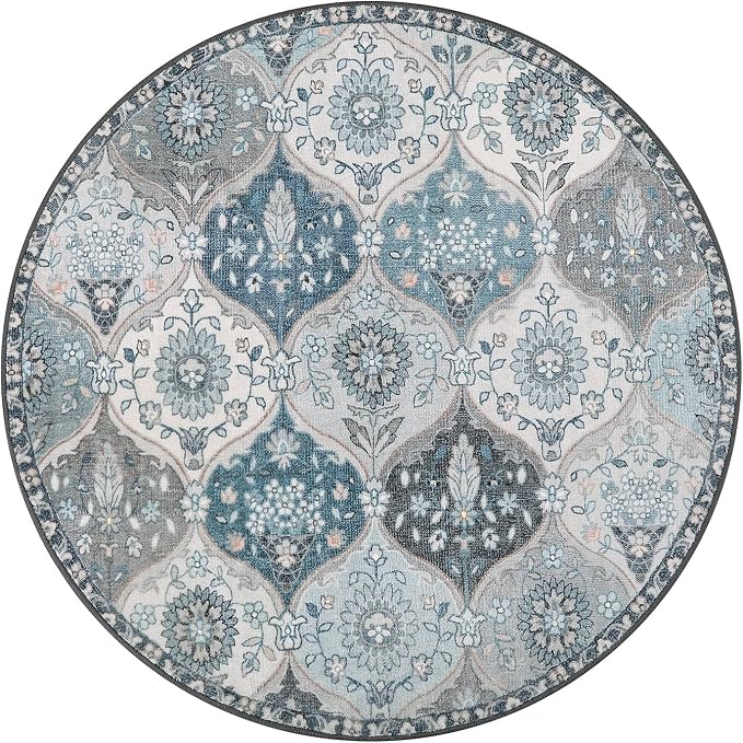 Lahome Moroccan Washable Round Rug, Soft Vintage Small Round Rug 3ft | Non-Slip Ultra-Thin Distress Circle Carpet for Entryway Bathroom Bedroom Kitchen Elise, Blue