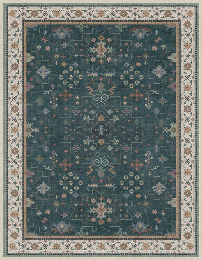 Vintage Dark Green 7x9 Dining Room Rugs for Under Kitchen Table - Washable Livinig Room Rug - Unique Floral Pastel Low Pile Non-Slip Area Rugs for Bedroom