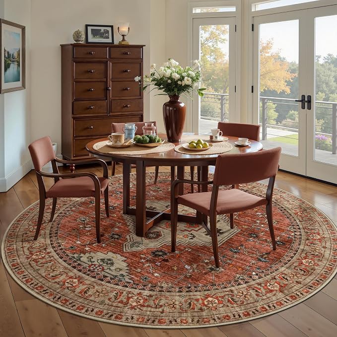 Tangsoo Washable Round Area Rugs 5ft, Boho Non Slip Circle Rug Low Pile | Oriental Soft Low Pile Circular Rugs, Vinatge Boho Round Carpet for Living Room Bedroom Dining Room Nursery Office Terracotta