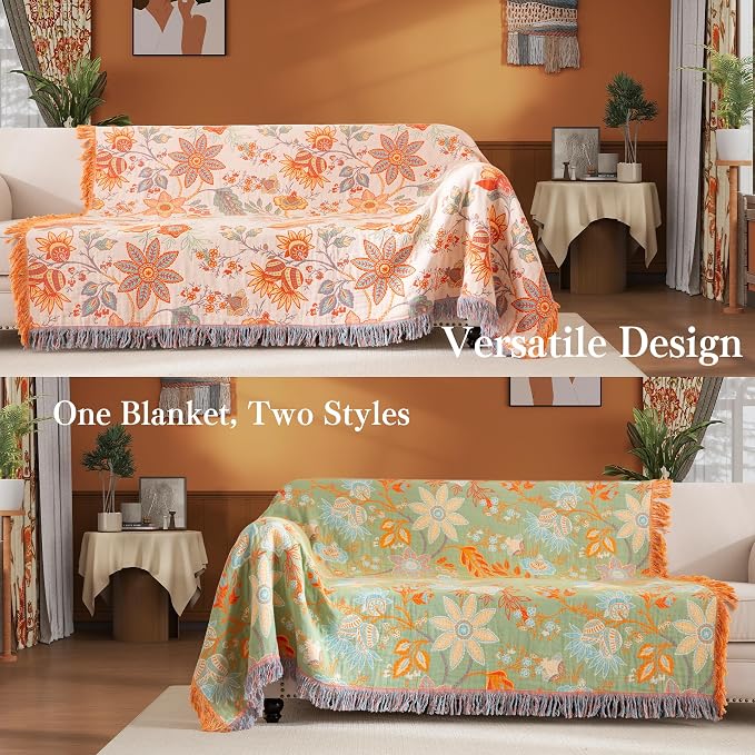 Phuryllic Boho Throw Blanket Throw Size, Soft Cozy Cotton Muslin Quilt Blanket for Bed Decor, Bird Patterned Couch Sofa Chair Cover, Vintage Farmhouse Cottage Tapestry Woven Blanket, Coral&Green
