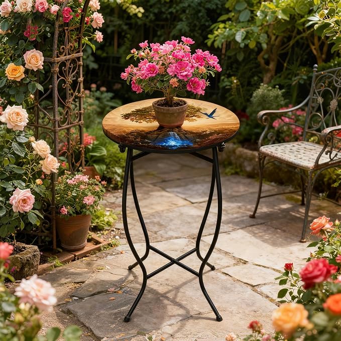 Metal Round Side Table, 21 Inch Tall Indoor Outdoor Side Table, Weather Resistant Patio Table for Porch Yard Balcony, Easy Assembly