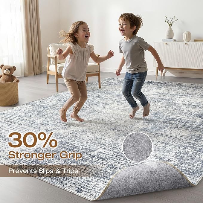 LOONGRUG 10x14 Area Rugs Washable Neutral Modern Rug for Living Room Blue | Large Abstract Soft Stain Resistant Indoor Non-Slip Carpet for Bedroom Nursery Kids Office Playroom Dining Room