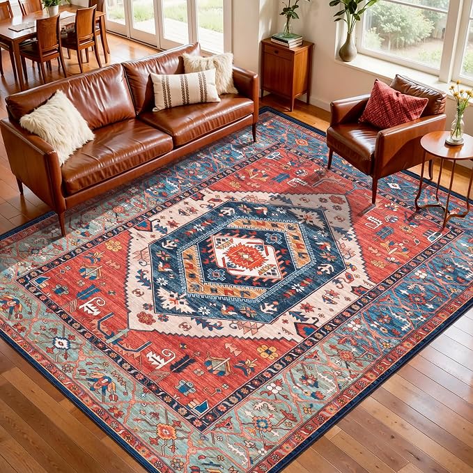 SERISSA 5x8 Washable Non Slip Boho Area Rug for Living Room，Rust | Ultra Soft Vintage Oriental Carpet Low-Pile Distressed Tribal Floor Carpet for Bedroom Dining Room Dorm Office Home Decor