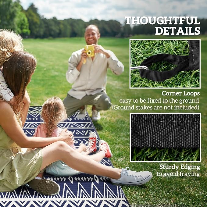 Outsunny Outdoor Rug for Patio, 8' x 10' Waterproof Large Mat, Reversible Plastic Straw Rug for Decor, Portable Outside RV Camping Area Carpet Mat for Backyard Porch Deck Picnic, Blue White Geometric