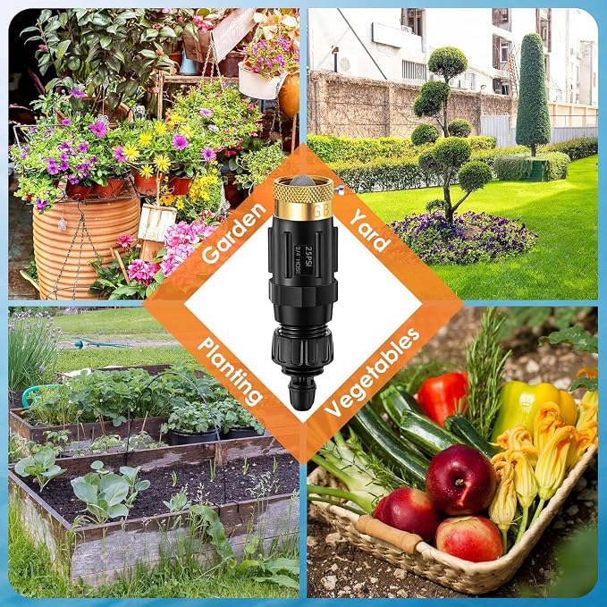 Drip Irrigation Faucet Adapter 25 PSI, 1/4" Tubing Quick Connect to 3/4" Garden Hose with Backflow Preventer, Filter, Tape, Pressure Regulator, Copper Drip Irrigation System Fittings (8 Pack)
