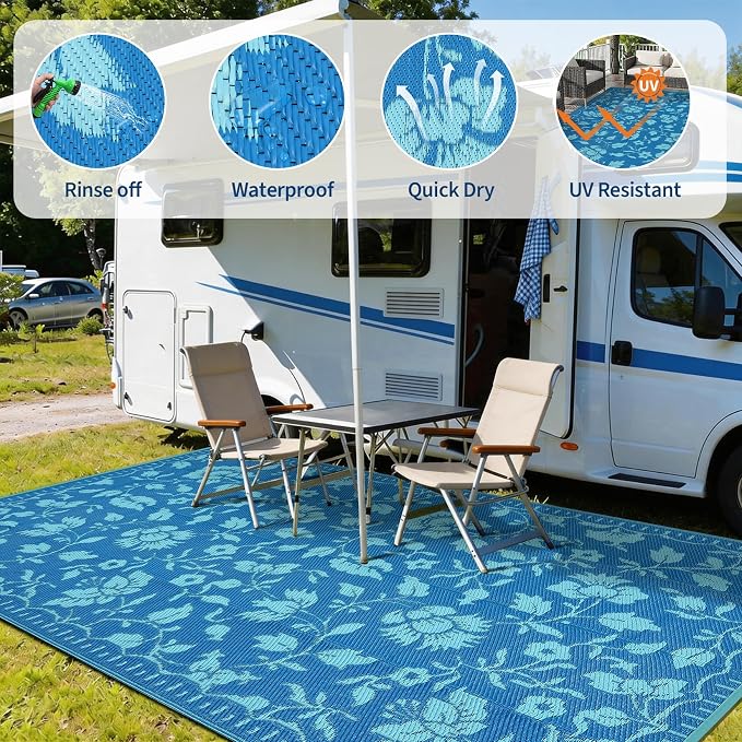 Garvee 5x8 Outdoor Patio Rug, Floral Waterproof Outdoor Rug for Camping with Portable Bag, Vintage Plastic Straw RV Rugs for Outside, Reversible Mats for Picnic Backyard Porch Balcony, Dark Blue