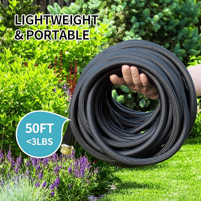 Flexible Garden Hose Water Pipe - 50FT Lightweight Garden Water Hose, Portable Patio Hose with Solid Brass Fittings and Double Latex Core for Pet Washing, Black
