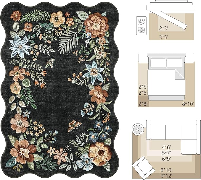FMFUNCTEX 8x10 Washable Black Floral Vintage Boho Area Rug for Living Room | Soft Flower Colorful Traditional Distressed Non Slip Low Pile Large Indoor Thin Carpet Bedroom Dining Room Nursery,Black/Grey