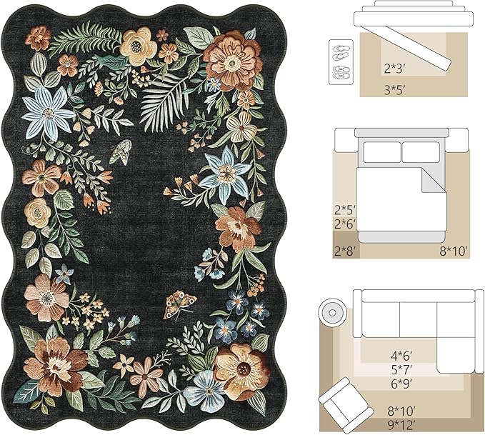 FMFUNCTEX 2x6 Hallway Runner Rug Washable Black Floral Vintage Flower Boho | Colorful Traditional Non Slip Low Pile Indoor Thin Carpet Entryway Rugs Kitchen Bedroom Laundry Entry Bedside, Black/Grey