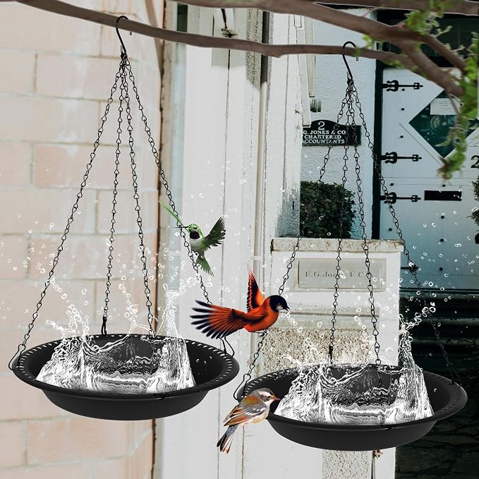 OVZILKI Bird Baths for Outdoors Heavy Duty, 16 inch BirdBath Bowl Only with Rust-Proof Black Chains, Hanging Bird Bath Hanging Bird-Feeder for Garden Backyard Decor (Black 1 Pack)