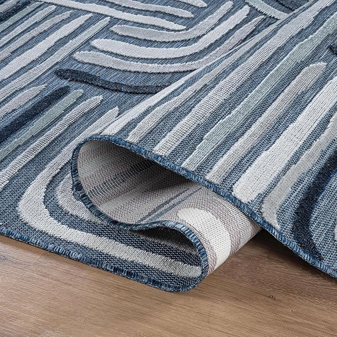 CAMILSON Indoor Outdoor Rug, Navy Blue 10x14 Geometric Arch Striped Large Area Rugs for Patio and Home Areas, Easy-Cleaning Non-Shedding Living Room, Garden and Deck Washable Outside Carpet 10 x 14