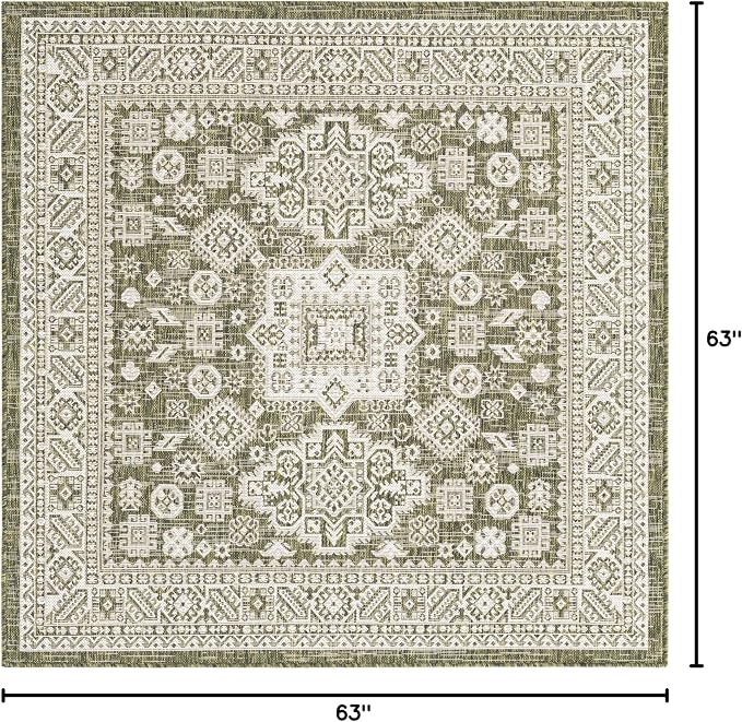 Unique Loom Outdoor Aztec Collection Area Rug - Chalca (5' 3" Square, Green/ Ivory)