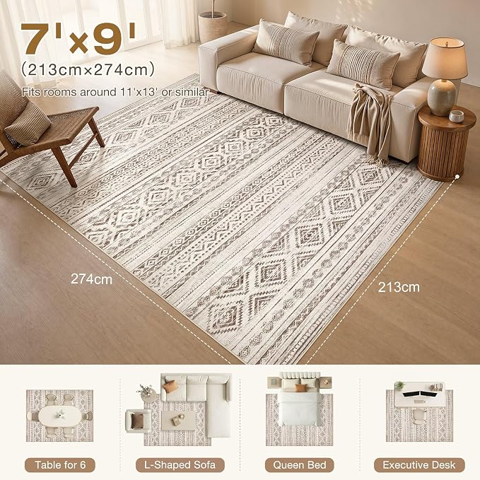 cotiled Boho 7x9 Area Rug for Living Room: Large Moroccan Washable Rug | Stain Resistan Indoor Carpet for Bedroom Dining Room Beige Grey