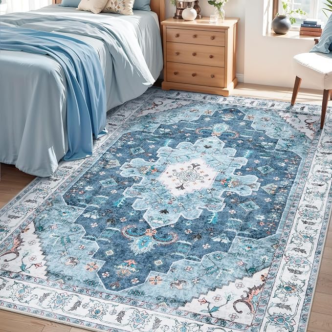 SERISSA 4x6 Washable Non Slip Boho Area Rug for Bedroom | Ultra Soft Vintage Oriental Carpet Low-Pile Distressed Blue Throw Carpet for Entry Living Room Nursery Kitchen Dorm Decor
