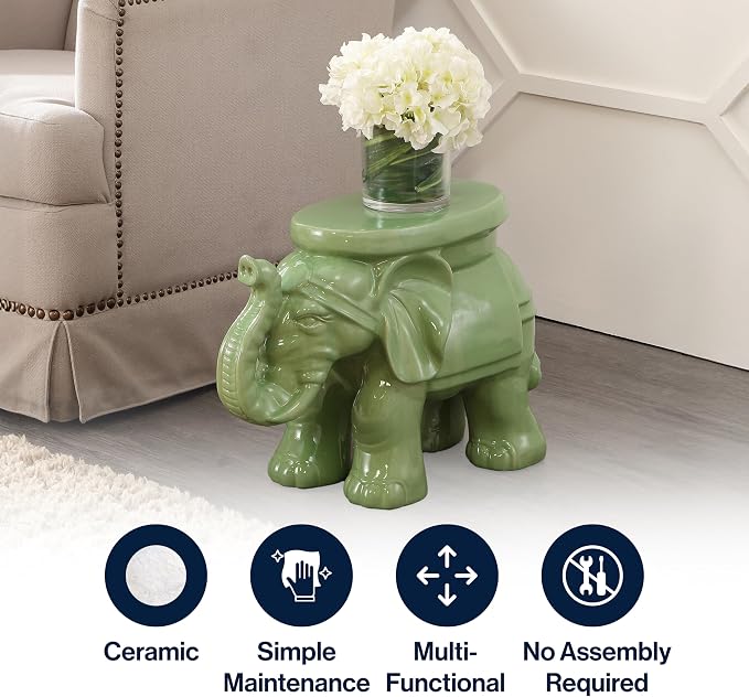 JONATHAN Y White Elephant 14.25" Glazed Ceramic Elephant Garden Stool, Weather-Resistant Indoor/Outdoor Patio Side Table and Plant Stand, Bohemian, Green TBL1007F