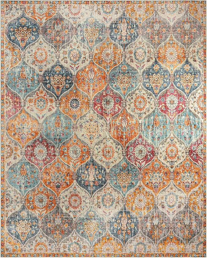 Lahome Moroccan Washable Area Rugs 8x10, 8x10 Rugs for Living Room Bedroom, Non Slip Low Pile Distressed Stain Resistant Rug for Kids Pets High Traffic Areas Elise, Burnt Orange