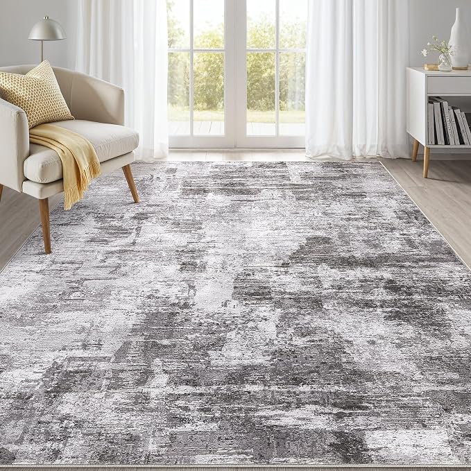kakania Abstract 6x9 Area Rugs for Living Room: Washable Rugs Grey | Soft, Non-Slip, Low-Pile, Pet & Kid Friendly - Modern Home Decor Carpet for Bedroom/Dining Room/Office/Nursery
