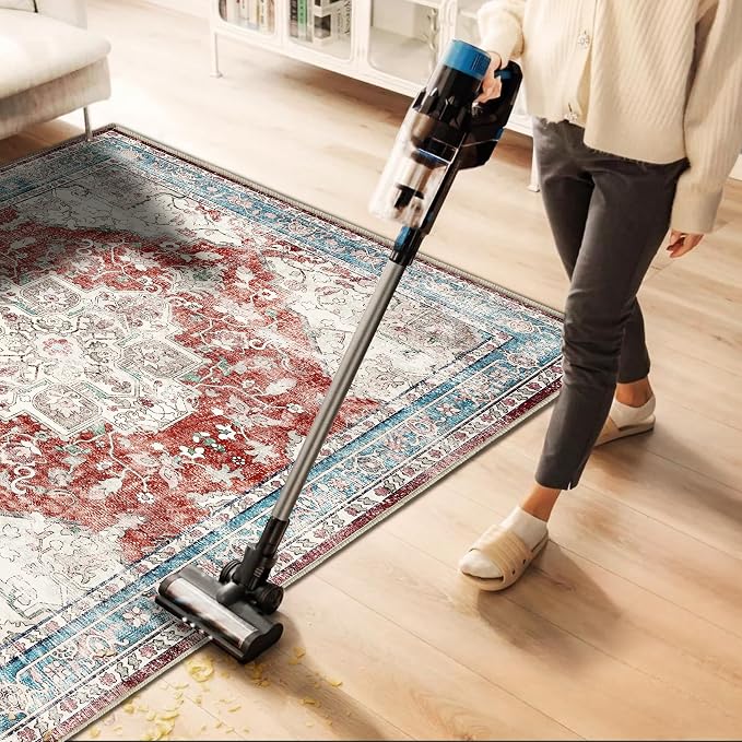 CHAMPLANT Area Rug 6'x9' Washable Red Blue Rug Vintage Traditional Floor Cover Retro Kitchen Indoor Distressed Non Slip Carpet Floral Print Mat Living Room Bedroom Dining Room