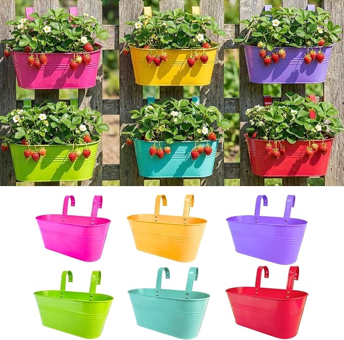 LaLaGreen Rail Planter (17 Inch, 6 Pack) Colorful Hanging Flower Railing Fence Balcony Gardening for Apartment Patio Planters Modern Garden Style Metal Iron Outdoor Deck Decoration Porch Decor Pots