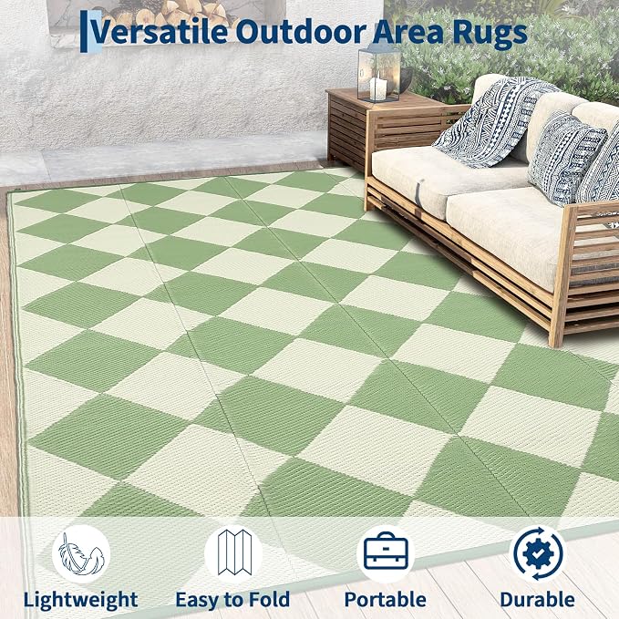 Garvee Outdoor Rug 9x18 Outdoor Patio Rug Reversible Plastic Straw Rugs Waterproof Foldable Mat Easy Clean Lightweight Carpet for Backyard Camping Porch RV Beach Balcony Deck Picnic Checkered Green