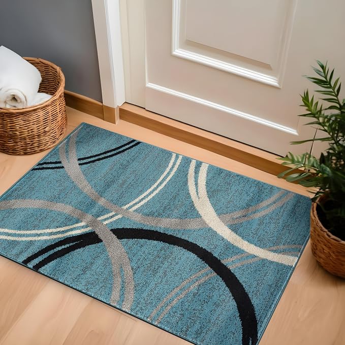 Rugshop Wavy Circles Modern Accent Fade-Resistant Area Rug Blue 2'7" x 4' | Rectangular, Size 2'7" x 4', Living Room, Bedroom, Dining Room, Home Office, Kitchen, Entryway, Hallway, Nursery, Kids Room