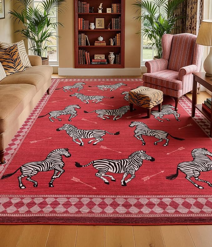 YIHOUSE Red Zebra Area Rugs 6×9, Washable Animal Print Rug with Checkered Border, Non-Slip Low Pile Mid-Century Modern Carpet for Living Room, Bedroom, Dining Room, Home Decor