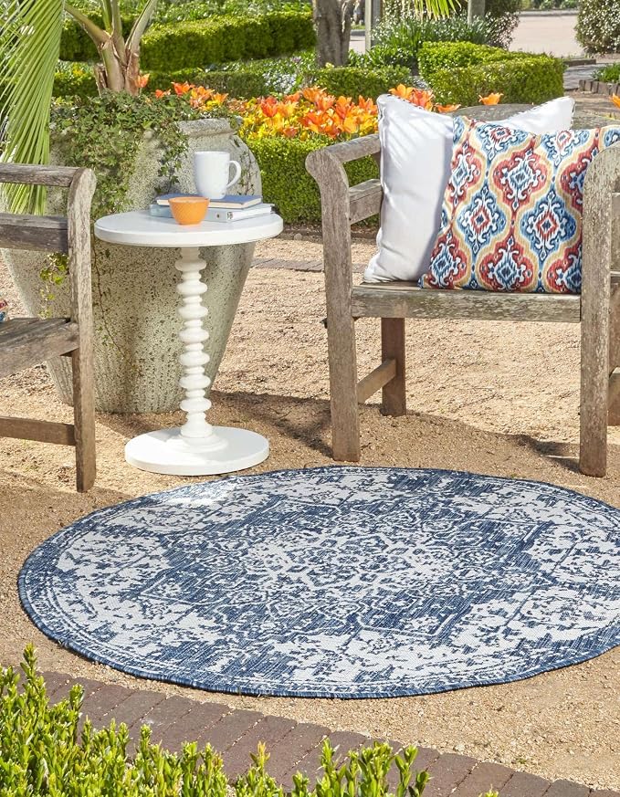 Unique Loom Jill Zarin Outdoor Collection Area Rug - Dubai (10' 8'' Round, Blue/ Ivory)