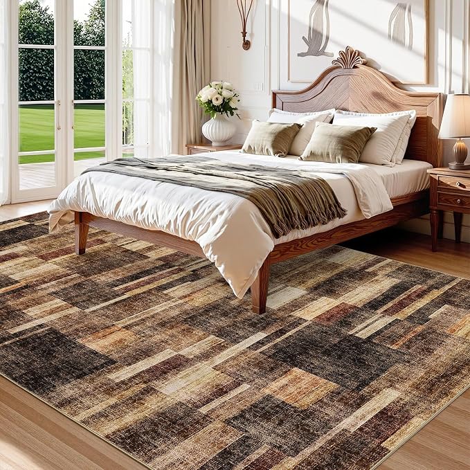 GarveeHome Large Living Room Area Rug 8x10 - Machine Washable Modern Rugs Geometric Neutral Rug Non-Shedding Low Pile Farmhouse Carpet for Bedroom Nursery Classroom Dorm 8 ft x10 ft Brown