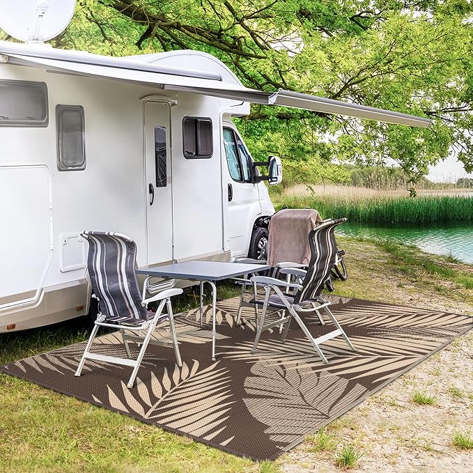 GENIMO Outdoor Rug 5' x 8' Waterproof for Patios Clearance, Reversible Outdoor Plastic Straw Camping Rug Carpet, Large Area Rugs Mats for RV, Camper, Deck, Balcony, Porch, Beach, Picnic, Coffee&Beige